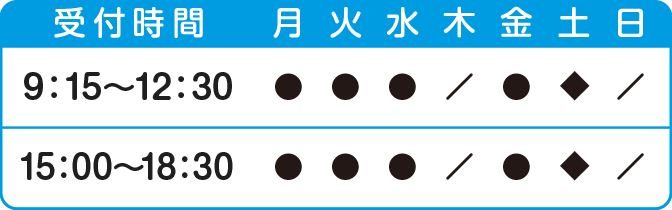 受付時間9:15〜12:30、15:00〜18:30