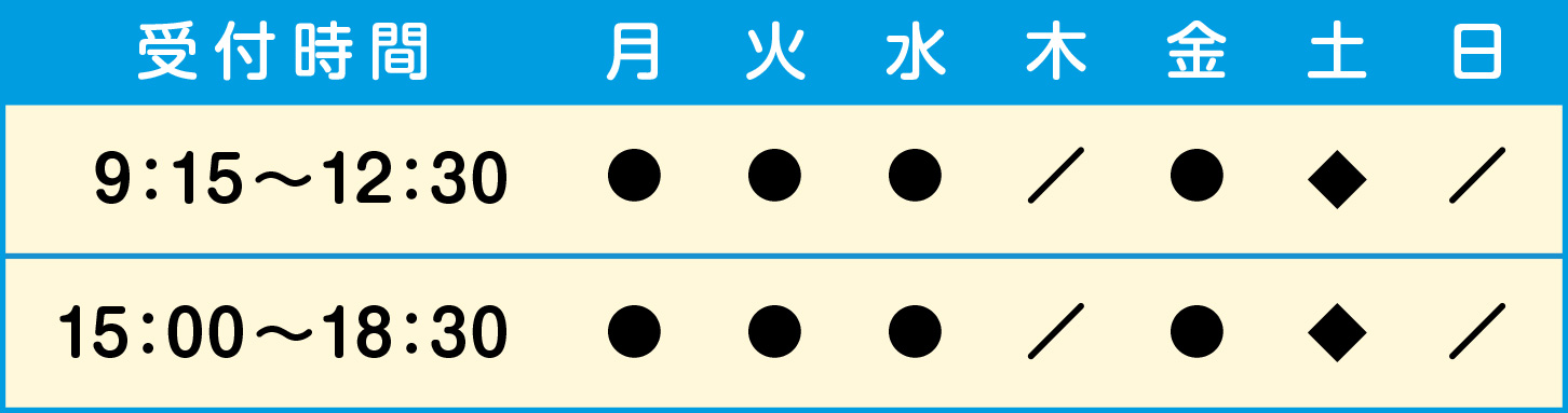 受付時間9:15〜12:30、15:00〜18:30