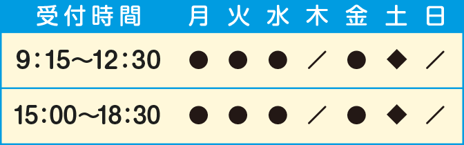 受付時間9:15〜12:30、15:00〜18:30